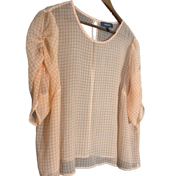 ModCloth Sheer Orange Gingham Blouse‎ Plus 3x Short Ruched Sleeve Cottagecore - Picture 1 of 4